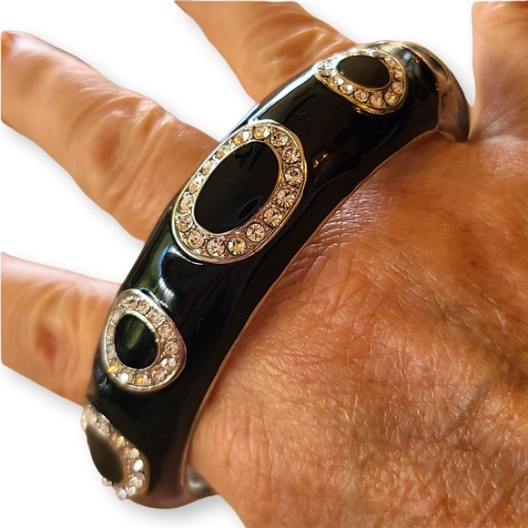 Lia Sophia Black Enameled Rhinestone Clamper Bangle - Picture 2 of 9